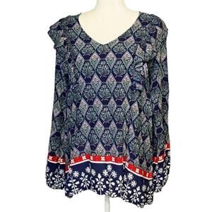 Suzanne Betro Tunic Blue Ruffle Long Sleeve Flowy Soft Printed Blouse Large